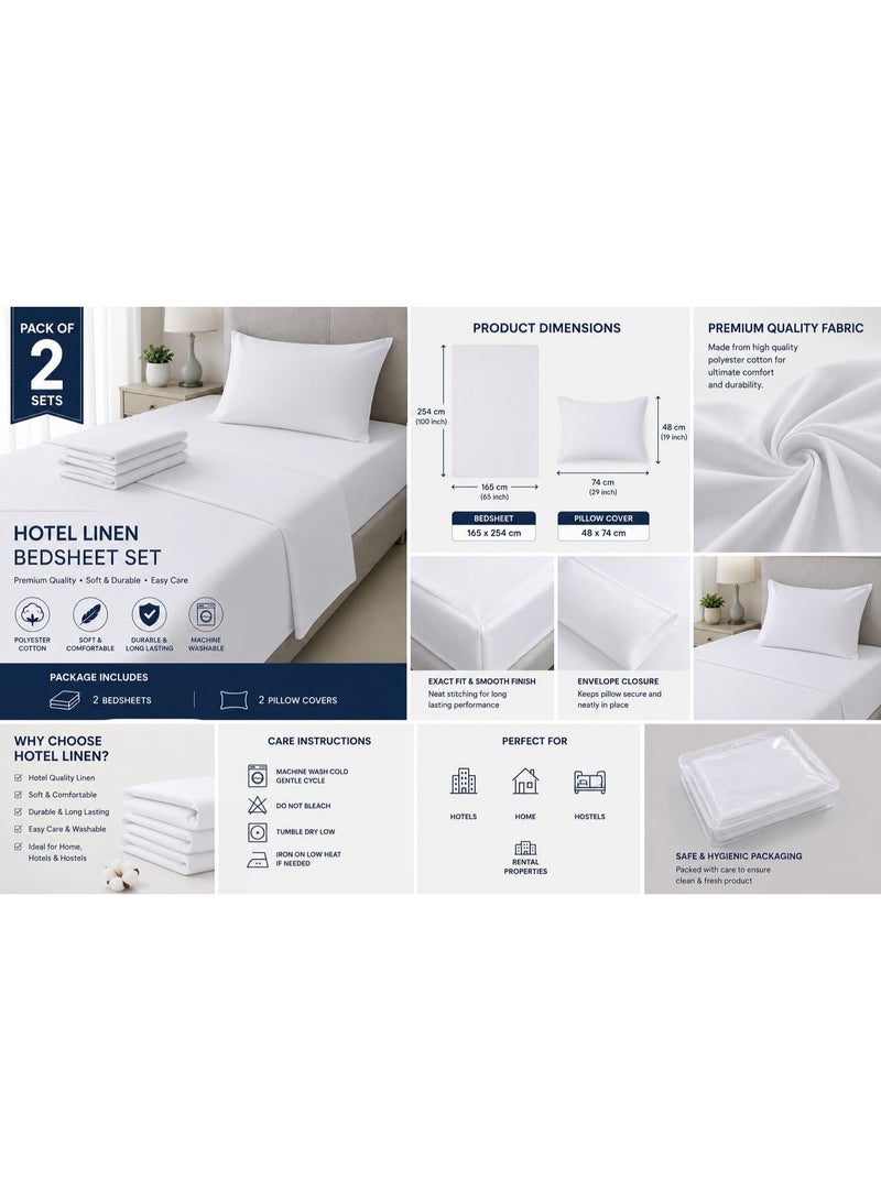 طقم ملاءة سرير فندقية بيضاء سادة – مزيج البوليستر والقطن – 165 × 254 سم – ملاءة واحدة + غطاء وسادة واحد (48 × 74 سم) – عبوة من قطعتين - Image 4