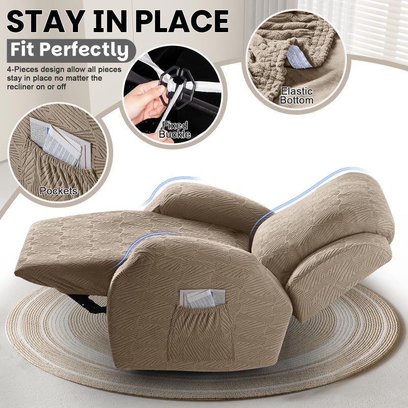 VANSOFY Recliner Chair Covers, 4-Pieces Stretch Recliner Cover Jacquard Soft Reclining Chair Slipcover Furniture Protector with Elastic Bottom for Lazy Boy Recliner(Khaki) - Image 3