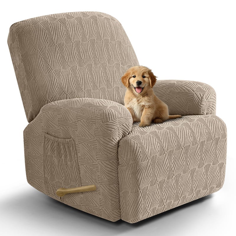 VANSOFY Recliner Chair Covers, 4-Pieces Stretch Recliner Cover Jacquard Soft Reclining Chair Slipcover Furniture Protector with Elastic Bottom for Lazy Boy Recliner(Khaki) - Image 1