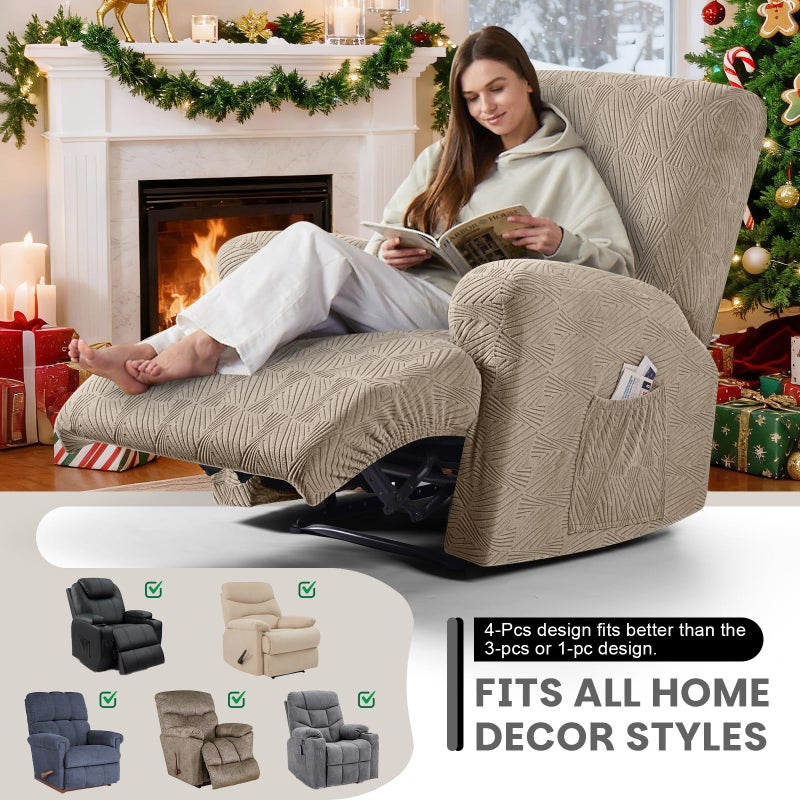 VANSOFY Recliner Chair Covers, 4-Pieces Stretch Recliner Cover Jacquard Soft Reclining Chair Slipcover Furniture Protector with Elastic Bottom for Lazy Boy Recliner(Khaki) - Image 5