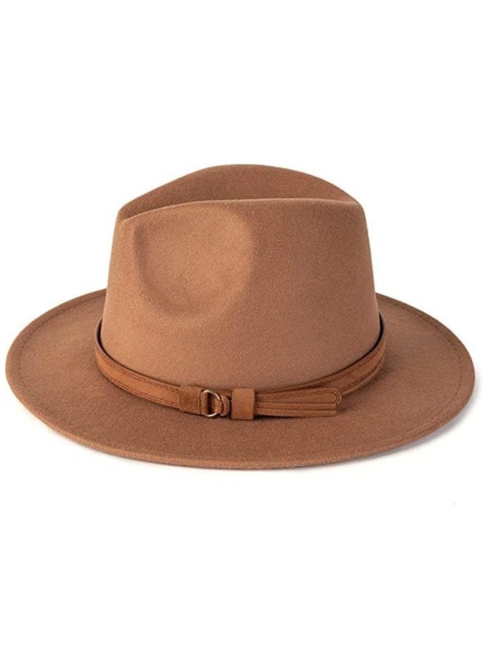 camel - Unisex Wide Brim Fedora Hats for Men and Women Panama Trilby Hat with Adjustable Strap, Brown - Image 1