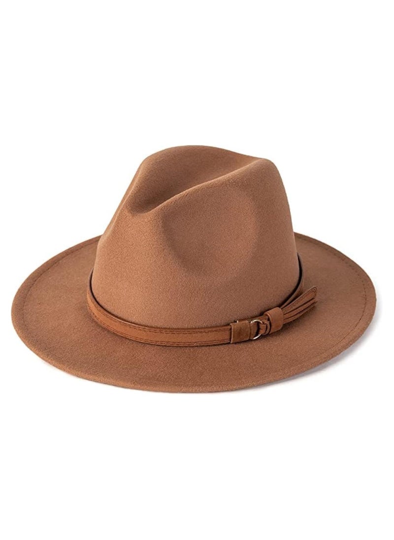 camel - Unisex Wide Brim Fedora Hats for Men and Women Panama Trilby Hat with Adjustable Strap, Brown - Image 1