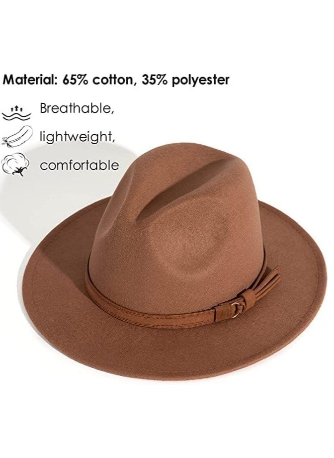 camel - Unisex Wide Brim Fedora Hats for Men and Women Panama Trilby Hat with Adjustable Strap, Brown - Image 1