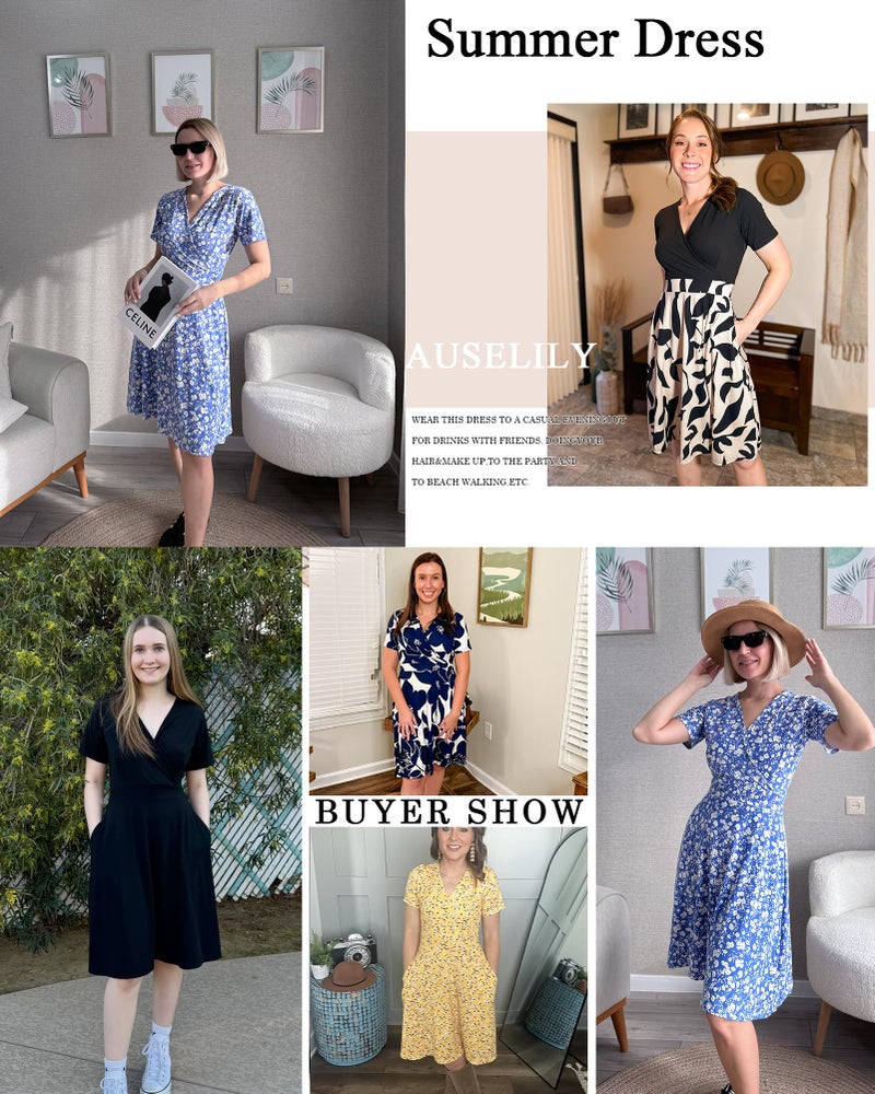 AUSELILY Beach Dress Floral Short Sleeve Knee Length Wrap V Neck Sundress with Pockets, Apricot Black Leaf S - Image 5