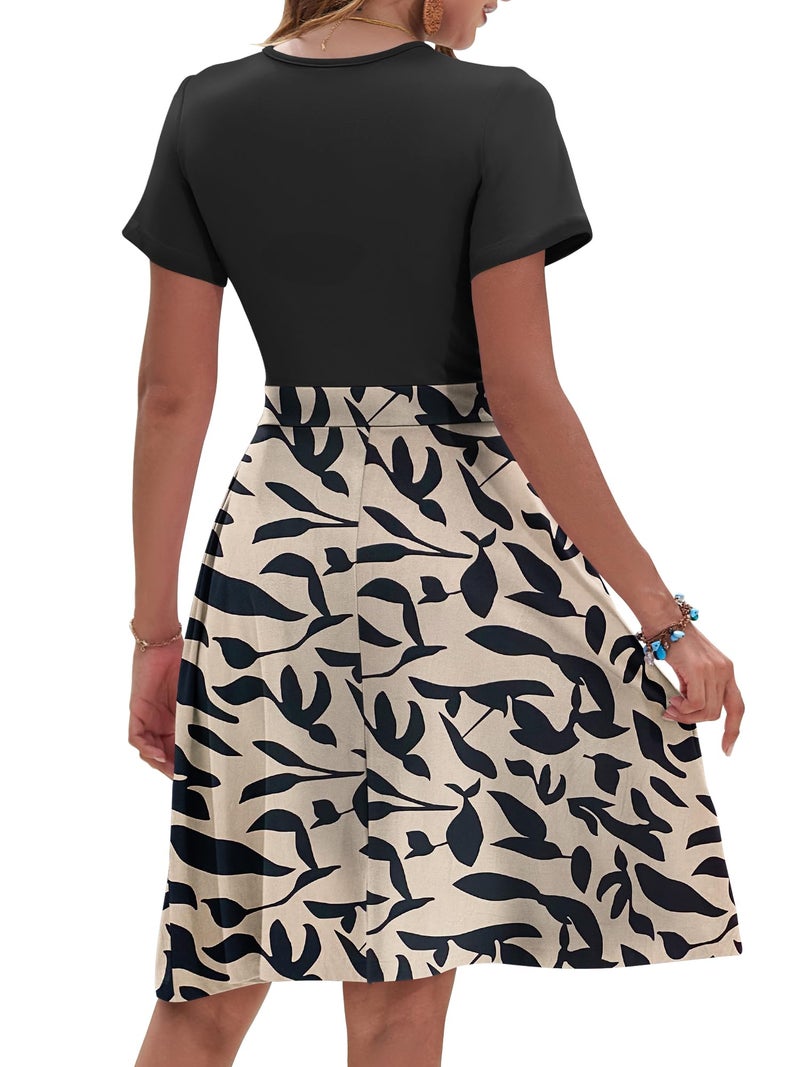AUSELILY Beach Dress Floral Short Sleeve Knee Length Wrap V Neck Sundress with Pockets, Apricot Black Leaf S - Image 4