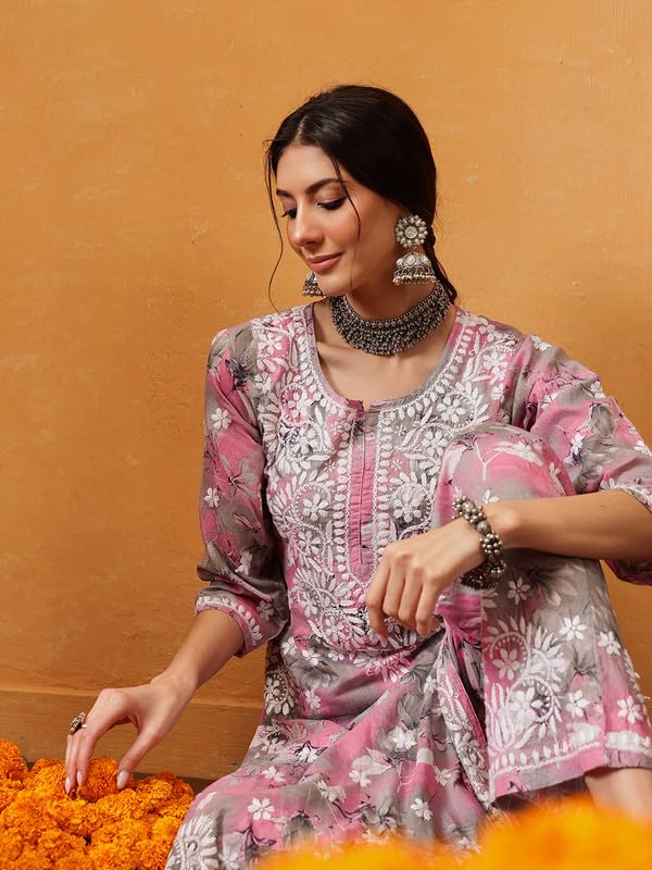 Ada Hand Embroidered Lucknowi Chikankari Printed Cotton Kurta with Pant Co-Ord Set for Women A811314 Pink & Grey (L) - Image 5