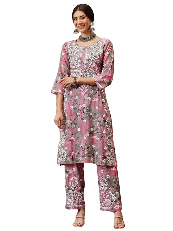 Ada Hand Embroidered Lucknowi Chikankari Printed Cotton Kurta with Pant Co-Ord Set for Women A811314 Pink & Grey (L) - Image 1