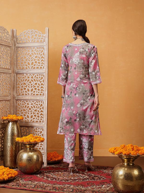 Ada Hand Embroidered Lucknowi Chikankari Printed Cotton Kurta with Pant Co-Ord Set for Women A811314 Pink & Grey (L) - Image 2