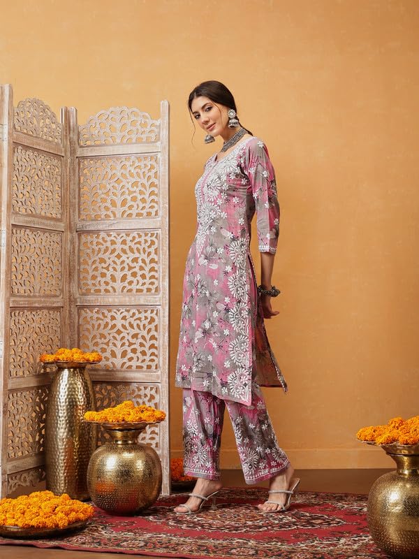 Ada Hand Embroidered Lucknowi Chikankari Printed Cotton Kurta with Pant Co-Ord Set for Women A811314 Pink & Grey (L) - Image 4