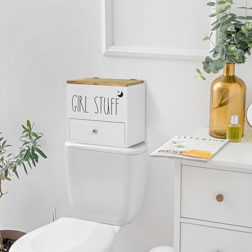 Ukonvi Tampon Holder for Bathroom Decor and Storage, Wood Feminine Product Organizer with Drawer and Lid, Pad and Tampon Organizer Bathroom Accessories Box for Tampon Storage, White Cotton Ball/Swab Holder - Image 2