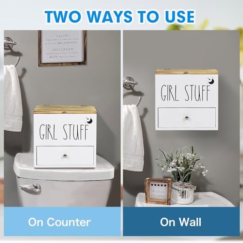 Ukonvi Tampon Holder for Bathroom Decor and Storage, Wood Feminine Product Organizer with Drawer and Lid, Pad and Tampon Organizer Bathroom Accessories Box for Tampon Storage, White Cotton Ball/Swab Holder - Image 5