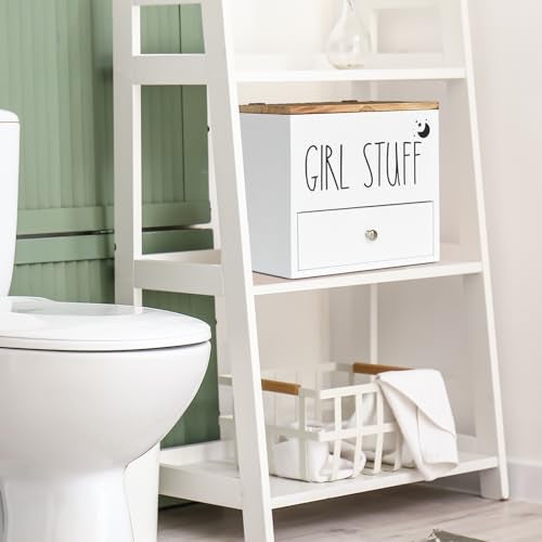 Ukonvi Tampon Holder for Bathroom Decor and Storage, Wood Feminine Product Organizer with Drawer and Lid, Pad and Tampon Organizer Bathroom Accessories Box for Tampon Storage, White Cotton Ball/Swab Holder - Image 3