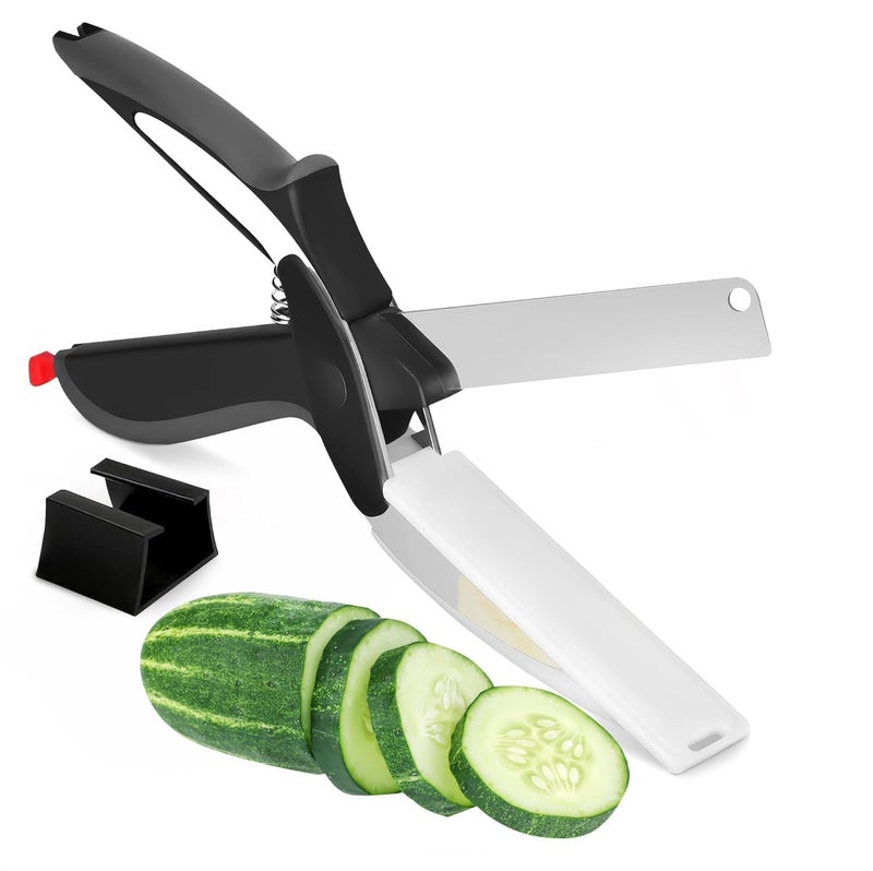 V TOWER Cutting Board Scissors - 2 In 1 Stainless Steel Vegetable Scissors Cutting Board Knife, Dishwasher Safe, Safety Lock, Rust Resistant - Sharp Kitchen Scissors for Vegetables & Fruits - Image 1