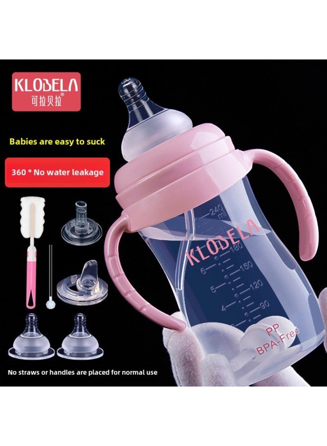 Bao Straw Bottle Baby Bottle Baby Wide Caliber 1-3 Years Old Special Direct Drink Cup Anti-fall Children's Water Cup Wholesale-Color:300ml With Cross Hole-Capacity:Pink + Direct Drinking Double Hole Faucet + Straw  - Image 2