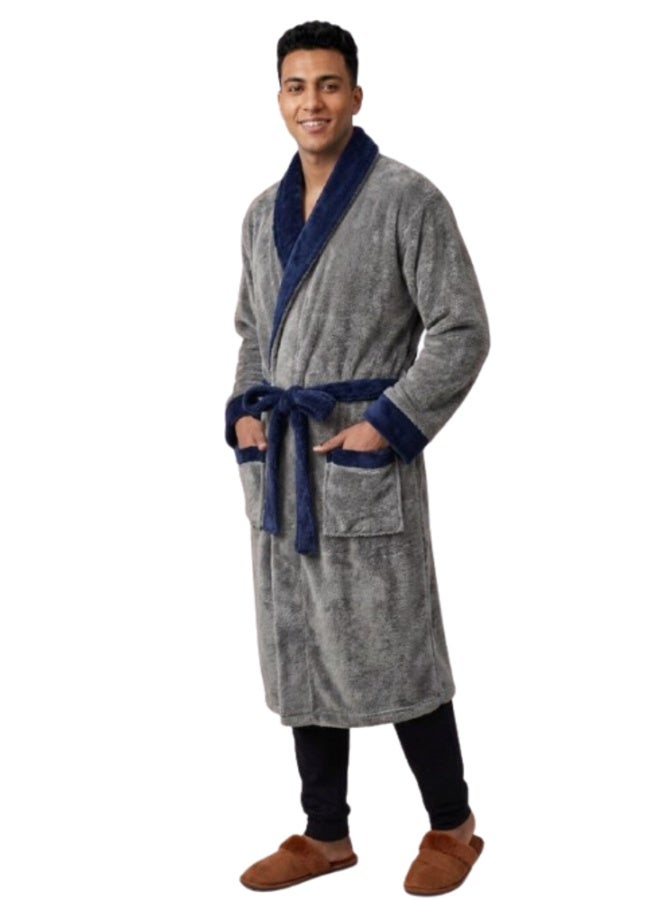 Men's flannel bathrobe, grey with navy trim.