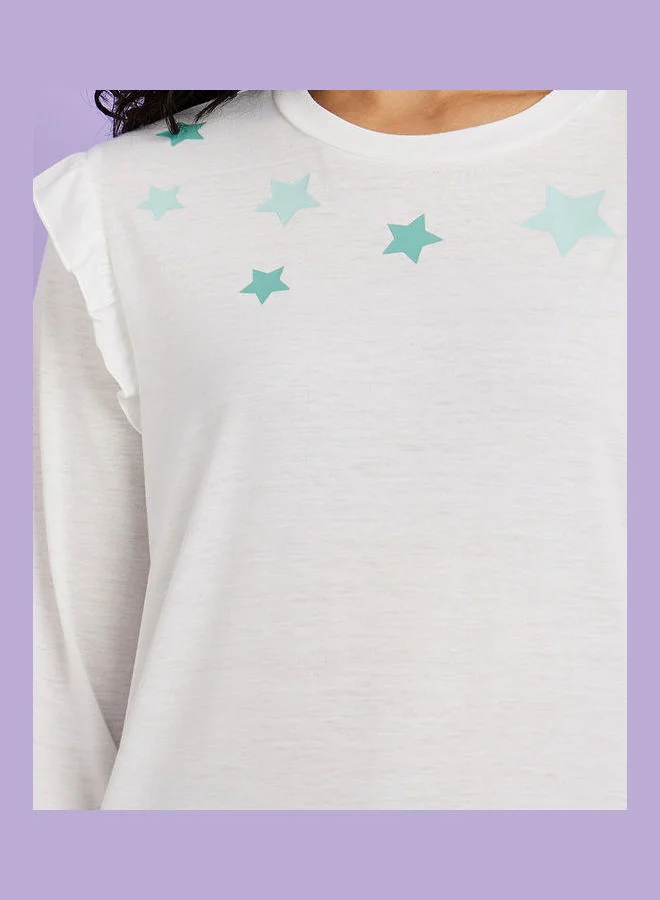 Styli Ruffle Detail Long Sleeves Star Print T-shirt and Pyjama Set