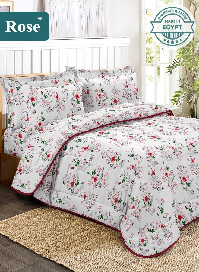 Rose Floral Comforter Set, High Quality Microfiber, 6 Pieces, Fits 200x200 cm Double Size Bed, Soft Cooling Breathable, Stylish Printed Elegance, King Size Comforter, Red Flowers - Image 1