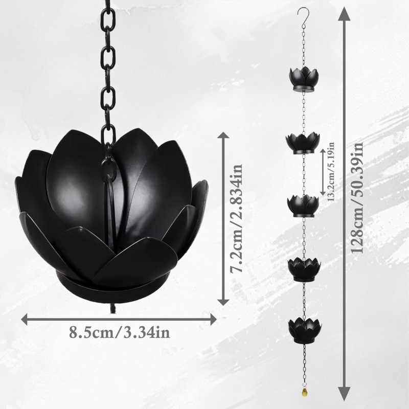 Black Rain Chain: 4.2-Foot Rust-Resistant Metal With 5 Lotus Cups - High-Capacity Downspout Alternative For Patio, Garden And Home Exterior Decor - Image 2