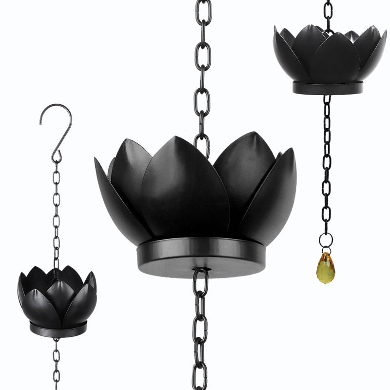 Black Rain Chain: 4.2-Foot Rust-Resistant Metal With 5 Lotus Cups - High-Capacity Downspout Alternative For Patio, Garden And Home Exterior Decor - Image 1