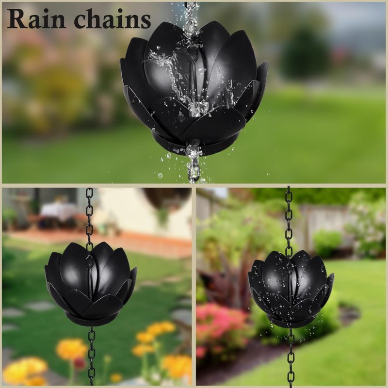 Black Rain Chain: 4.2-Foot Rust-Resistant Metal With 5 Lotus Cups - High-Capacity Downspout Alternative For Patio, Garden And Home Exterior Decor - Image 3
