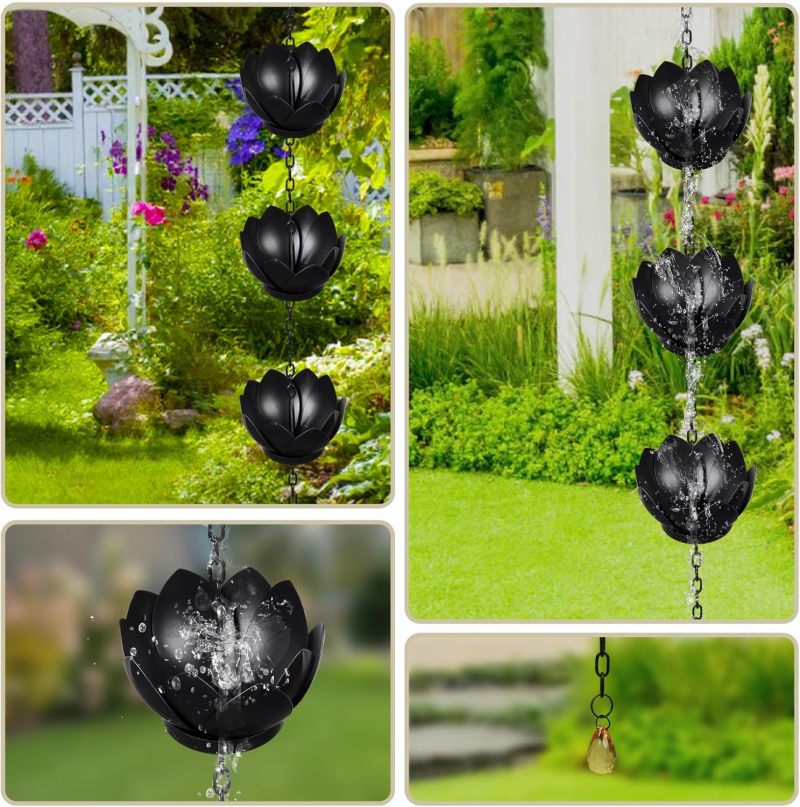 Black Rain Chain: 4.2-Foot Rust-Resistant Metal With 5 Lotus Cups - High-Capacity Downspout Alternative For Patio, Garden And Home Exterior Decor - Image 5