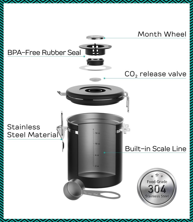 Coffee Gator Coffee Canister, Airtight Stainless Steel Kitchen Food Storage Container with Date Tracker, Scoop for Sugar, Grounds Coffee, Beans,Tea, Sugar, Cereal, Flour, Cookies Jars (Black, 16oz) - Image 4