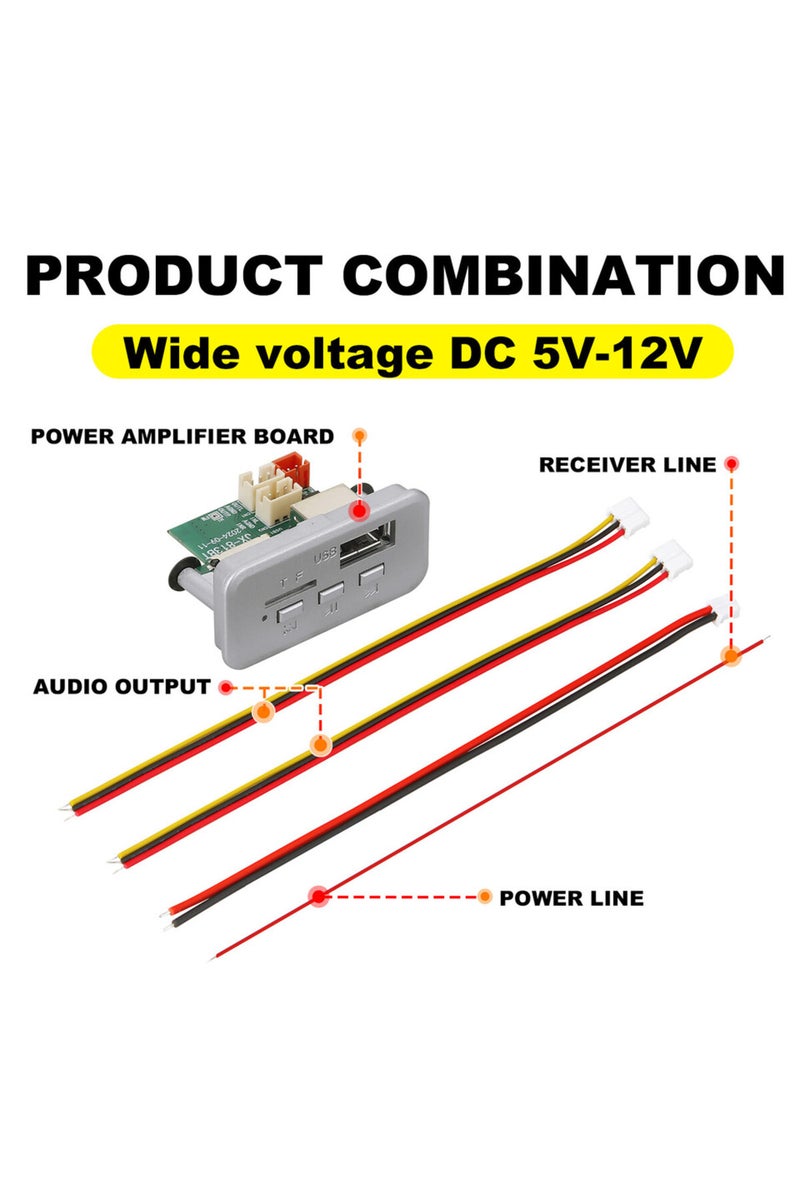 لوحة فك تشفير MP3 WMA WAV لاسلكية فضية اللون، تعمل بجهد 12 فولت، تدعم تقنية بلوتوث 5.0، قابلة للتركيب الذاتي، مزودة بمنفذ USB وبطاقة TF وراديو FM، تدعم خاصية التحدث الحر.