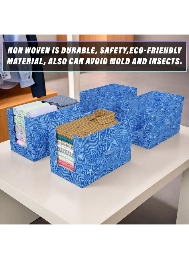 Kuber Industries Metalic Lahariya Print Shirt Organizer for Wardrobe|Foldable Non Woven Shirt Stacker|Designer Cupboard Organizer for Clothes |Clothes Storage box|Pack of 4 (Blue) - Image 4