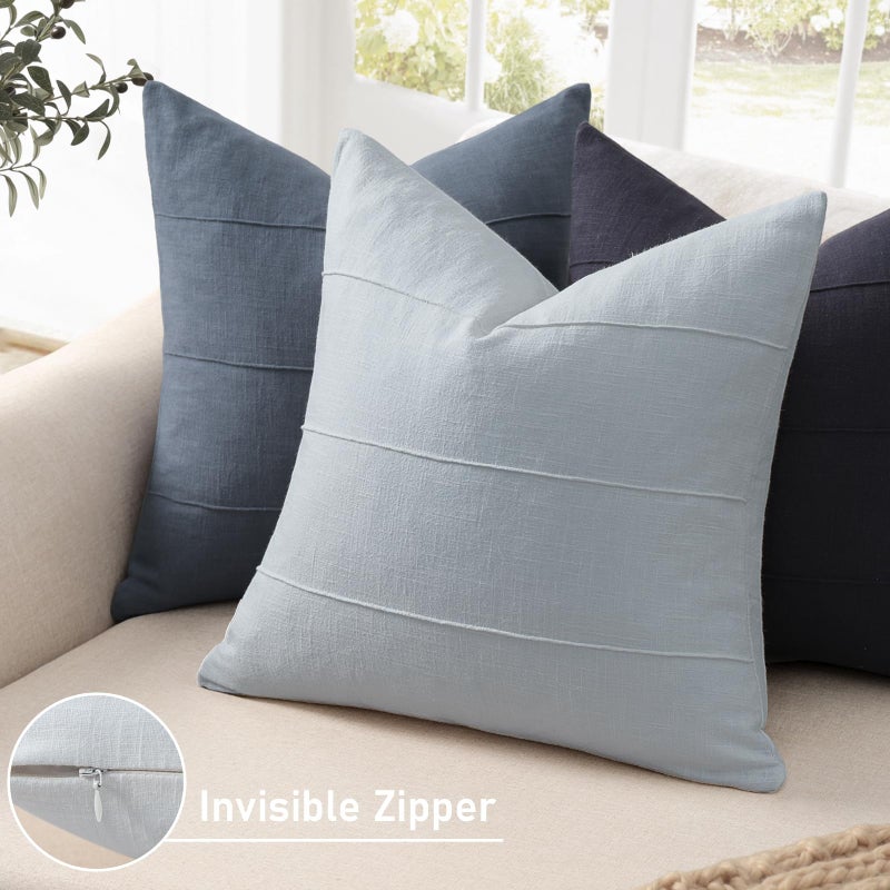 ZWJD Decorative Linen Throw Pillow Covers 18x18 Set of 2 Solid Handcrafted Striped Cushion Covers for Bed Soft Modern Farmhouse Neutral Pillowcase for Couch Bedroom Living Room Home Decor(Sky Blue) - Image 2