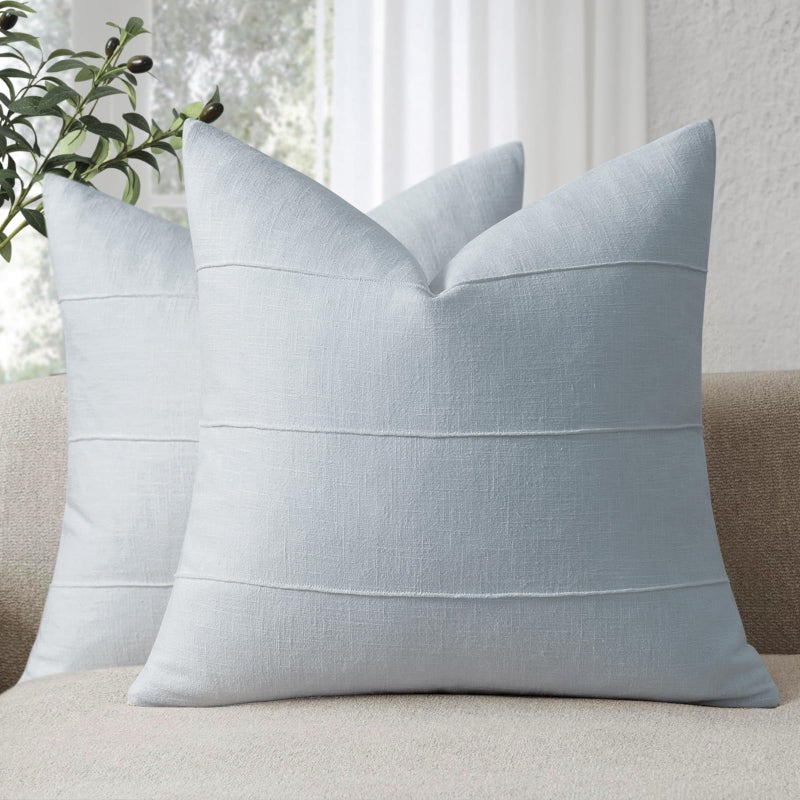 ZWJD Decorative Linen Throw Pillow Covers 18x18 Set of 2 Solid Handcrafted Striped Cushion Covers for Bed Soft Modern Farmhouse Neutral Pillowcase for Couch Bedroom Living Room Home Decor(Sky Blue) - Image 1