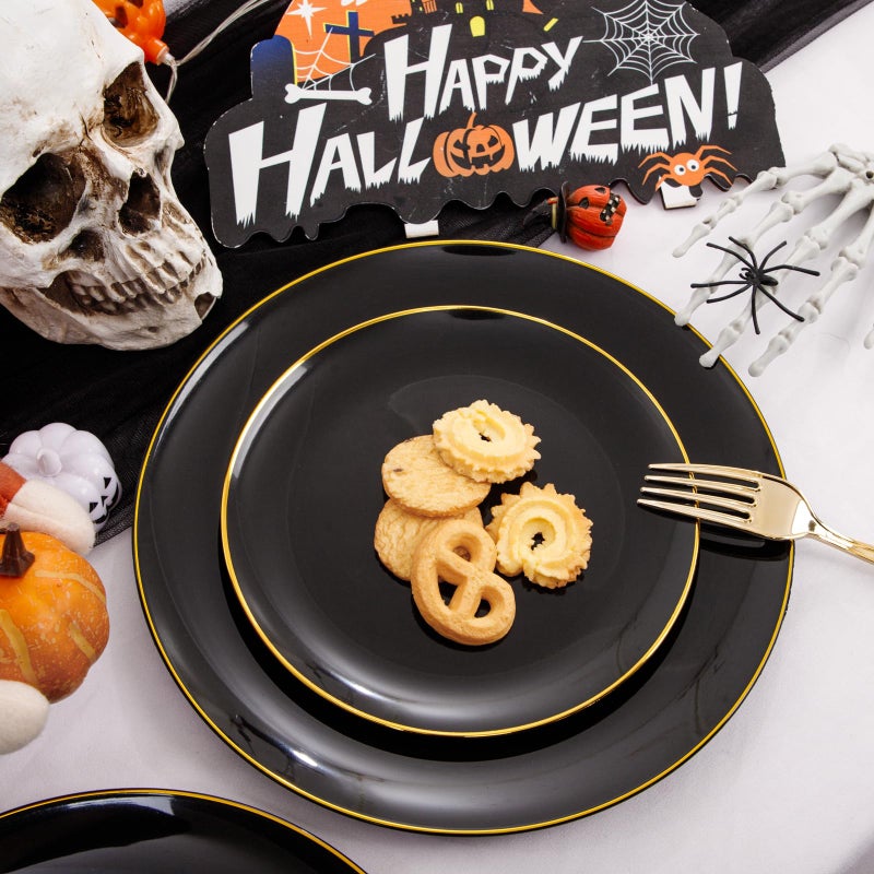 KIRE 100PCS Black and Gold Plates - Black Plastic Plates Disposable with Gold Rim for Party/Wedding Include 50Pcs10.25inch Black Dinner Plates and 50Pcs 7.5inch Black Dessert/Salad Plates - Halloween - Image 4
