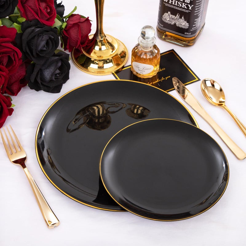 KIRE 100PCS Black and Gold Plates - Black Plastic Plates Disposable with Gold Rim for Party/Wedding Include 50Pcs10.25inch Black Dinner Plates and 50Pcs 7.5inch Black Dessert/Salad Plates - Halloween - Image 3