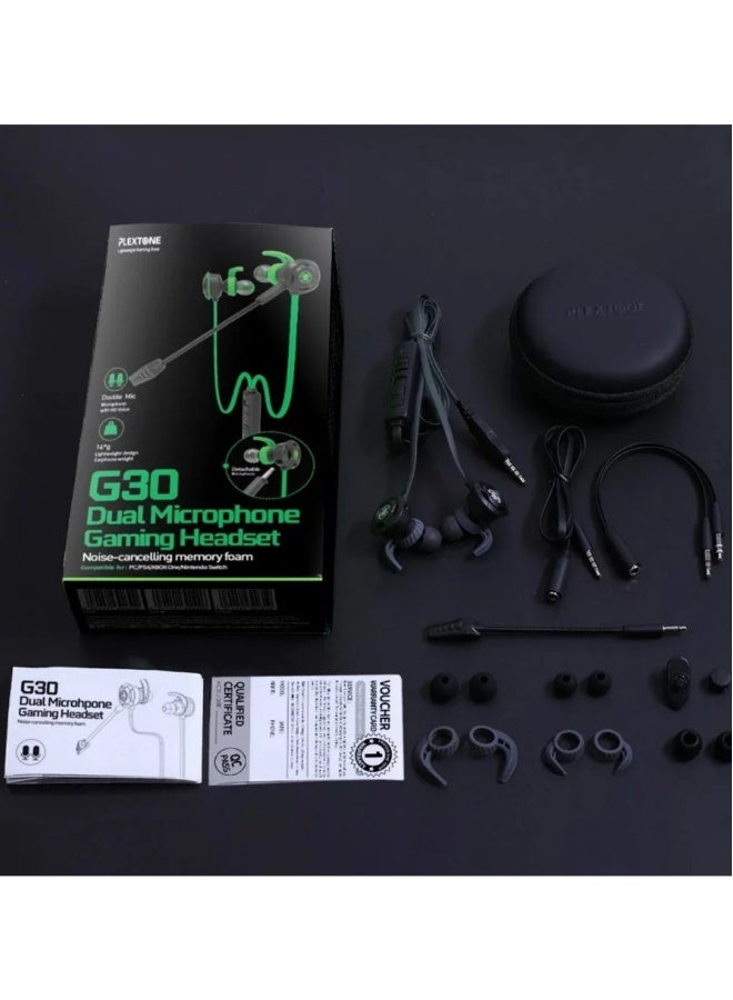 Plextone G30 Wired Gaming Earphones with Noise Cancelling Mic, Stereo Bass, 3.5mm Jack, Support All Devices (Green)