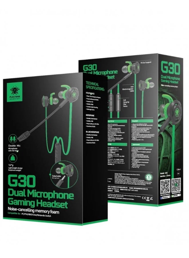 Plextone G30 Wired Gaming Earphones with Noise Cancelling Mic, Stereo Bass, 3.5mm Jack, Support All Devices (Green)