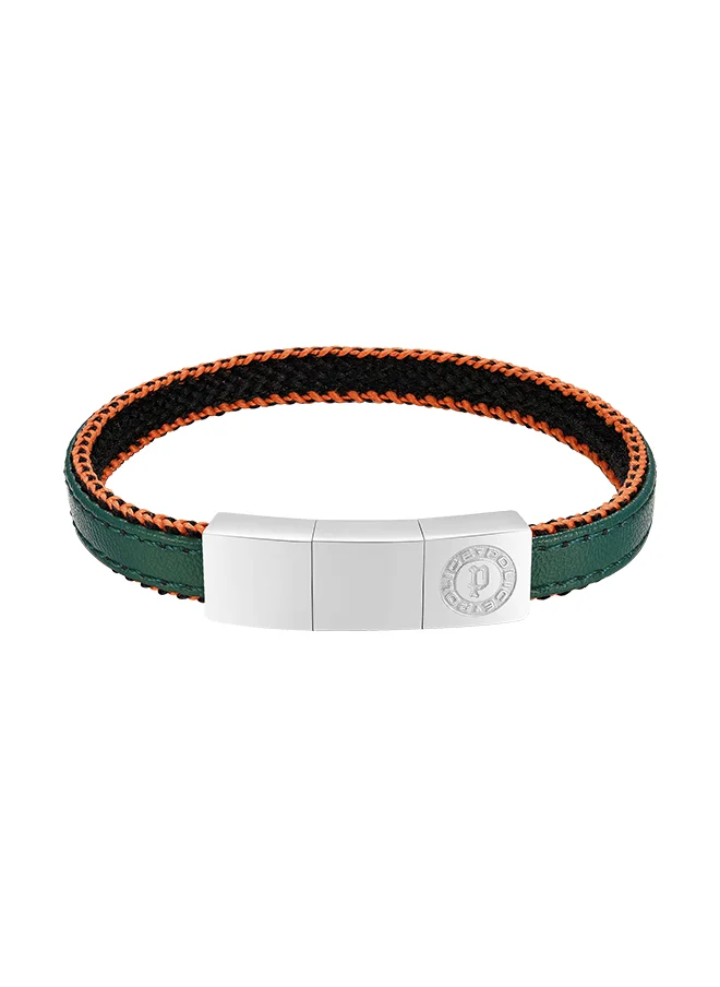 POLICE Police Intertwined Dark Green Leather Orange Stitch With Stainless Steel Logo Gents Bracelet - PEAGB0033002