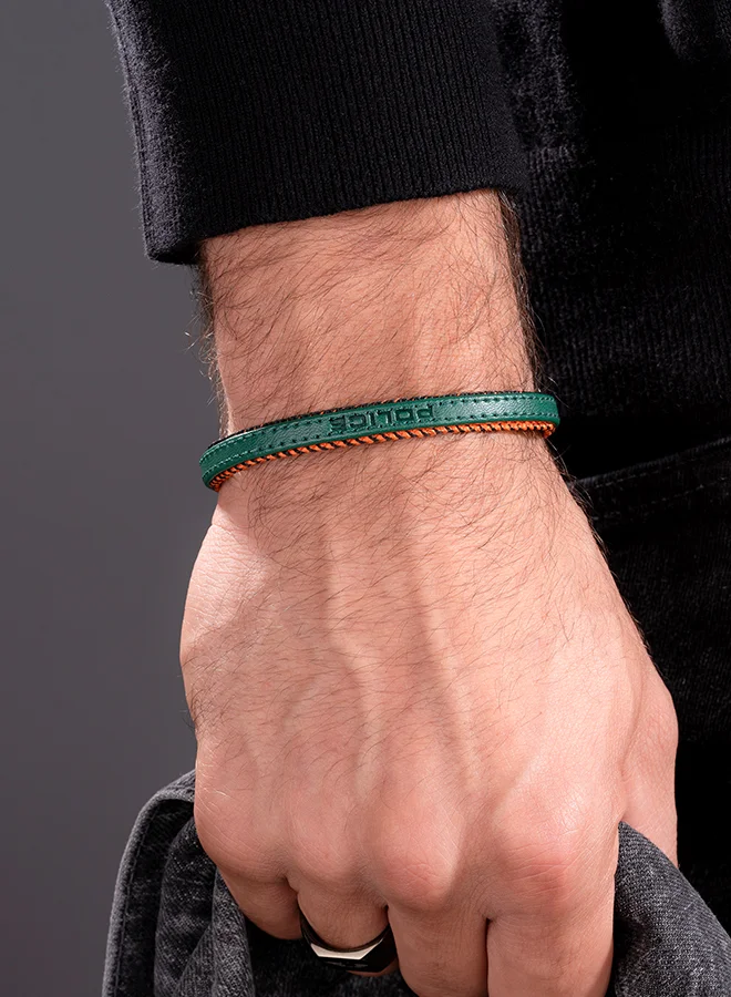 POLICE Intertwined Dark Green Leather Orange Stitch With Stainless Steel Logo Bracelet for Men