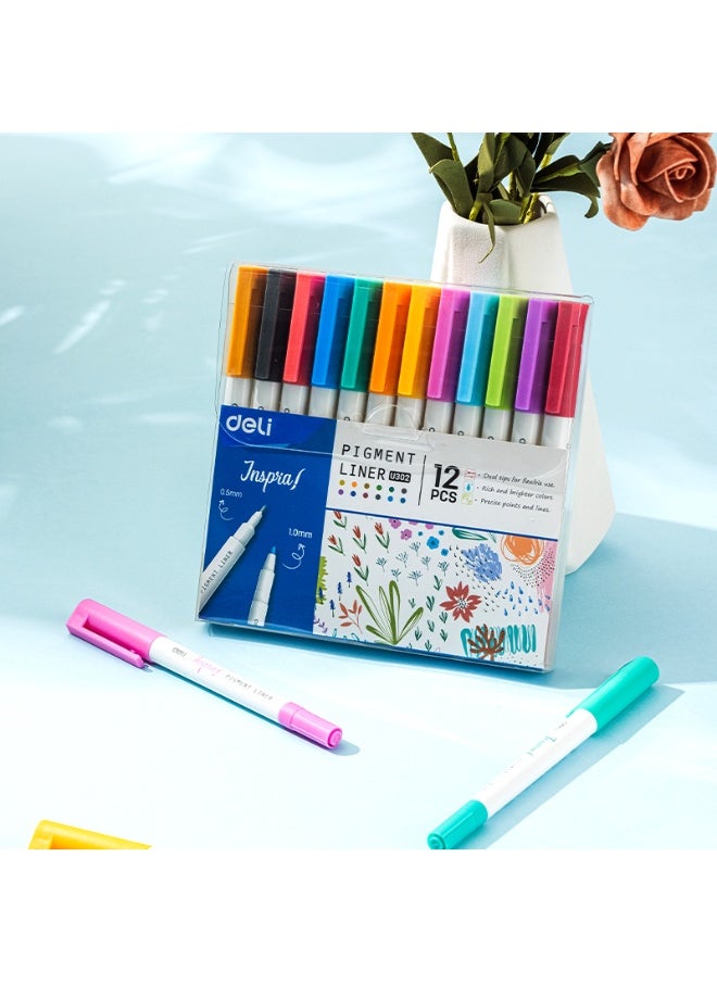 Deli - Deli EU302 Dual Tip Pigment Liner Drawing Pen 12-Piece - Image 1