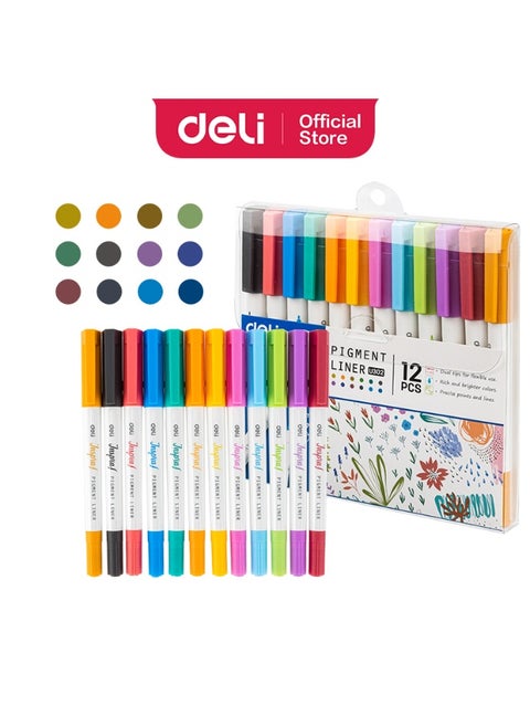 Deli EU302 Dual Tip Pigment Liner Drawing Pen 12-Piece