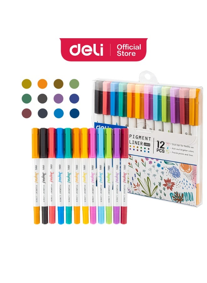 Deli Deli EU302 Dual Tip Pigment Liner Drawing Pen 12-Piece  - Image 1
