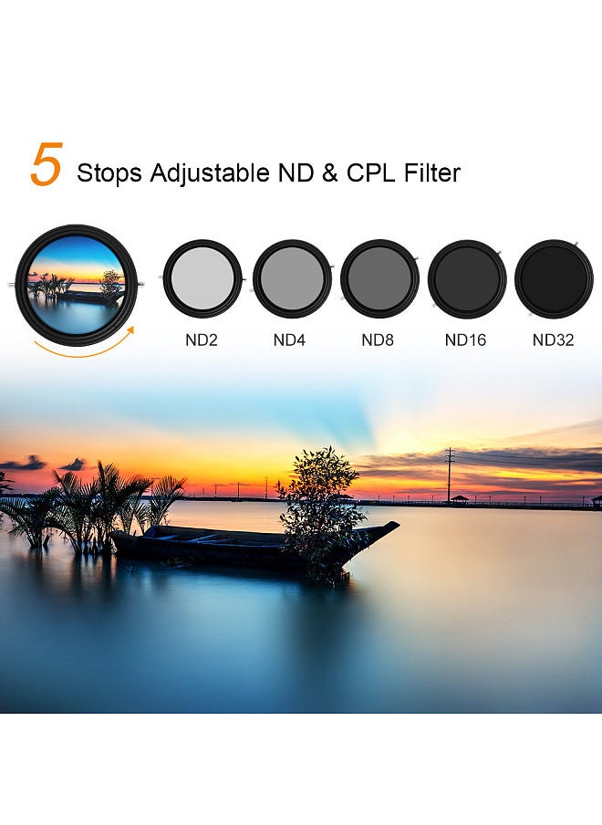 K&F Concept - 67mm 2-in-1 Variable Adjustable ND Filter Neutral Density Fader 5-Stop ND2-ND32 and CPL Circular Polarizing Filter Ultra-thin with Cleaning Cloth for Camera Lens - Image 1