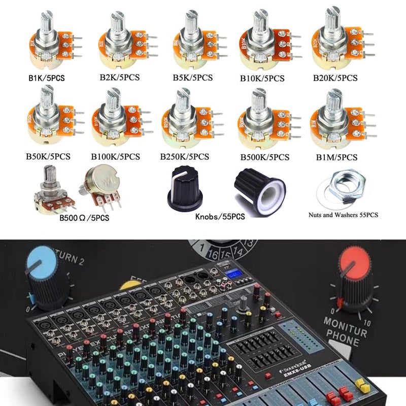 MOGAOPI 110Pcs Potentiometer Kit, Potentiometer Knobs, 11 Values 500 1K 2K 5K 10K 20K 50K 100K 250K 500K 1M Ohm Potentiometers Assortment Kit, 3 Pin Terminals Potentiometer with Cap Nuts and Washer - Image 4