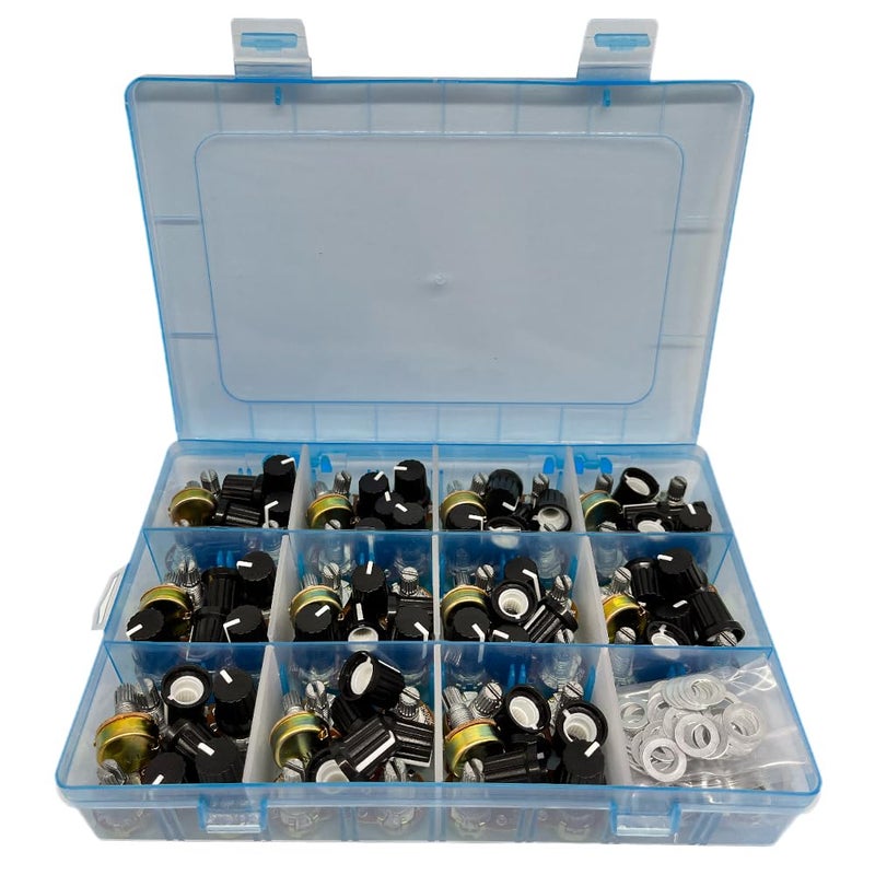 MOGAOPI 110Pcs Potentiometer Kit, Potentiometer Knobs, 11 Values 500 1K 2K 5K 10K 20K 50K 100K 250K 500K 1M Ohm Potentiometers Assortment Kit, 3 Pin Terminals Potentiometer with Cap Nuts and Washer - Image 1