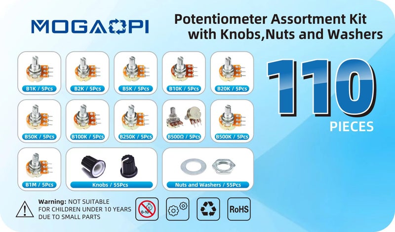 MOGAOPI 110Pcs Potentiometer Kit, Potentiometer Knobs, 11 Values 500 1K 2K 5K 10K 20K 50K 100K 250K 500K 1M Ohm Potentiometers Assortment Kit, 3 Pin Terminals Potentiometer with Cap Nuts and Washer - Image 2
