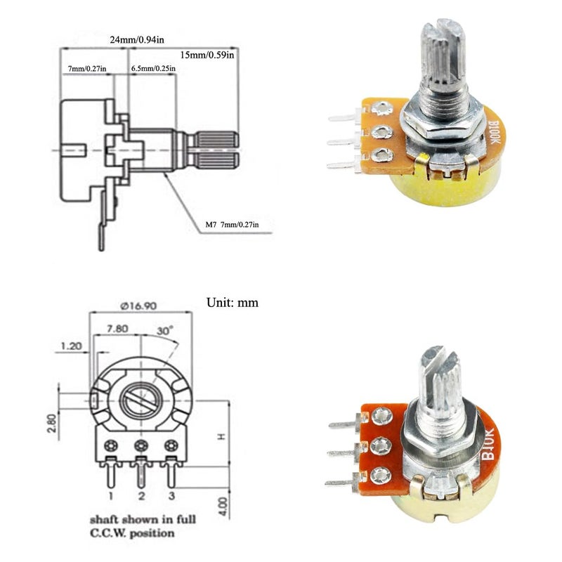 MOGAOPI 110Pcs Potentiometer Kit, Potentiometer Knobs, 11 Values 500 1K 2K 5K 10K 20K 50K 100K 250K 500K 1M Ohm Potentiometers Assortment Kit, 3 Pin Terminals Potentiometer with Cap Nuts and Washer - Image 3