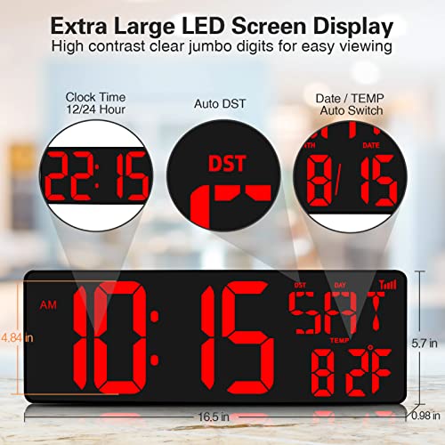 XREXS Large Digital Wall Clock WiFi Sync, 16.5 in Large Display Wall Clock with Temperature/Date/Week, LED Big Digital Timer Clock with Remote Control, Alarm Clock for Home and Office, Auto-dimming - Image 3
