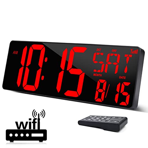 XREXS Large Digital Wall Clock WiFi Sync, 16.5 in Large Display Wall Clock with Temperature/Date/Week, LED Big Digital Timer Clock with Remote Control, Alarm Clock for Home and Office, Auto-dimming - Image 1