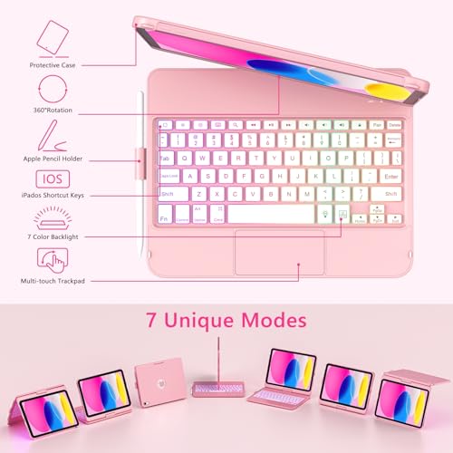 FUWANG Touch Keyboard Case for iPad (A16) 11th Generation 11 inch 2025&10th Gen 10.9 inch 2022, 360° Rotate for iPad 10th Generation Case with Keyboard, Backlit Keyboard Case with Pencil Holder, Pink - Image 4