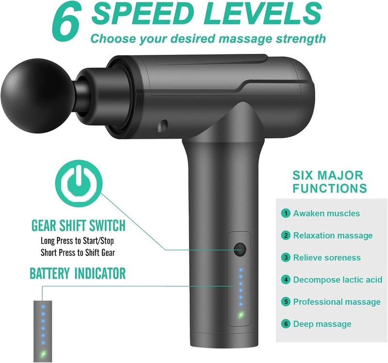 Massage Gun, Handheld Electric Muscle Massager Gun,6 Speeds, Quiet, Deep Tissue Massager for Sport Soreness Relief, Muscle Massage Relax, adapter charging, , Black - Image 2