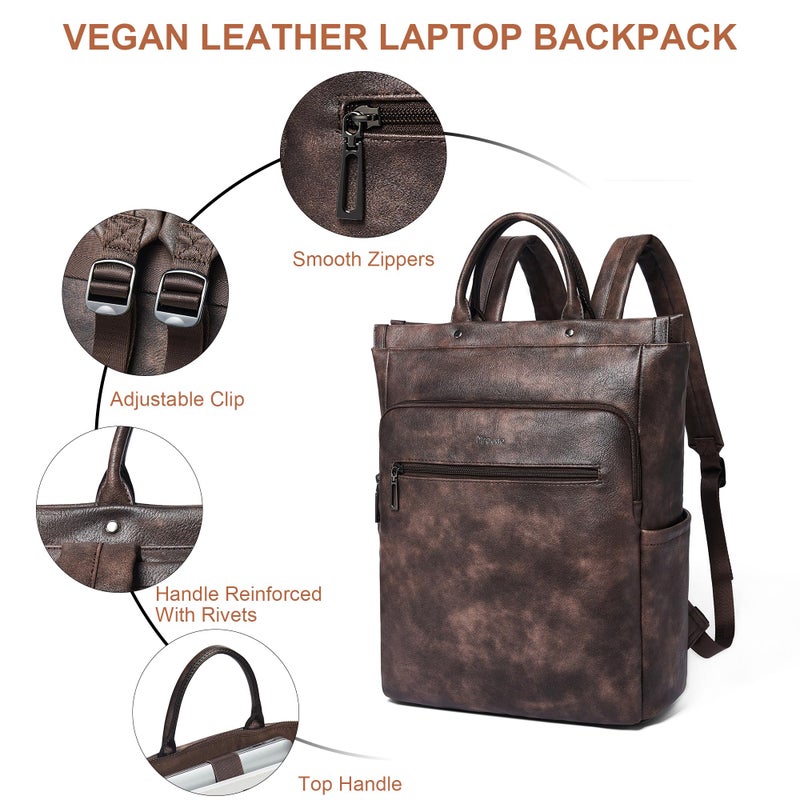 Mroede Leather Laptop Backpack for Women, Travel Backpack Purse Fits 15.6 Inch Laptop, Casual Daypack with Laptop Compartment for College Work Business Nurse Weekender, Coffee - Image 3