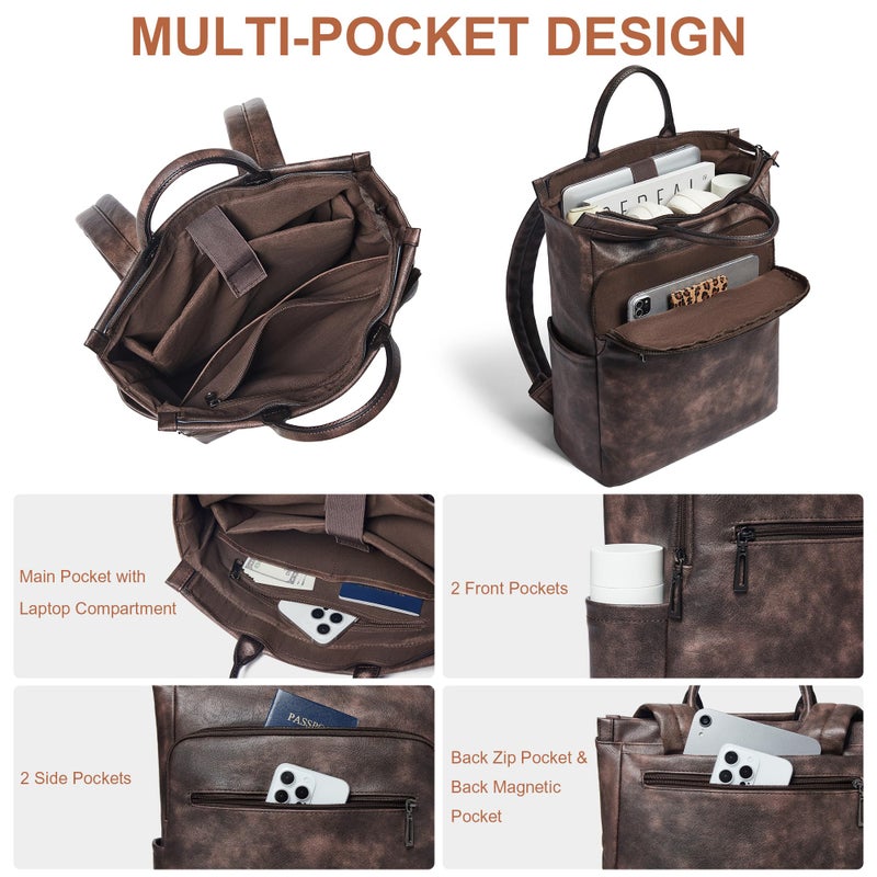Mroede Leather Laptop Backpack for Women, Travel Backpack Purse Fits 15.6 Inch Laptop, Casual Daypack with Laptop Compartment for College Work Business Nurse Weekender, Coffee - Image 2